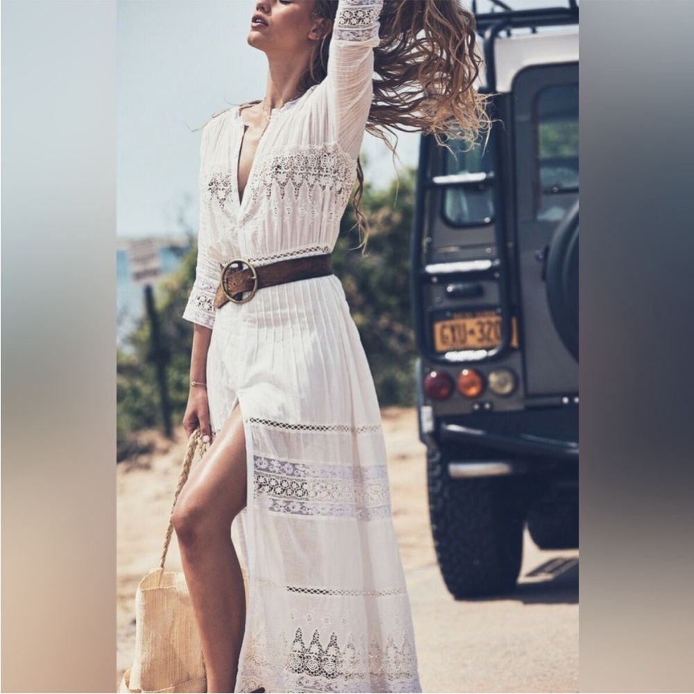 White Lace-Detail Maxi Dress with Plunging Neckline